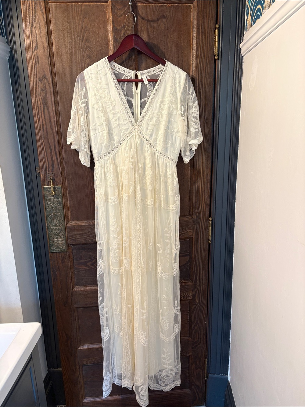 Pinkblush Cream Lace Maxi Dress with V-Neck & Flutter Sleeves